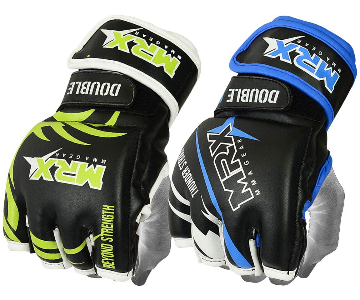 MRX MMA Grappling Gloves for Men Martial Arts Training Fighting Bag Glove Cage Fight Mitts (Black/Blue, Large)