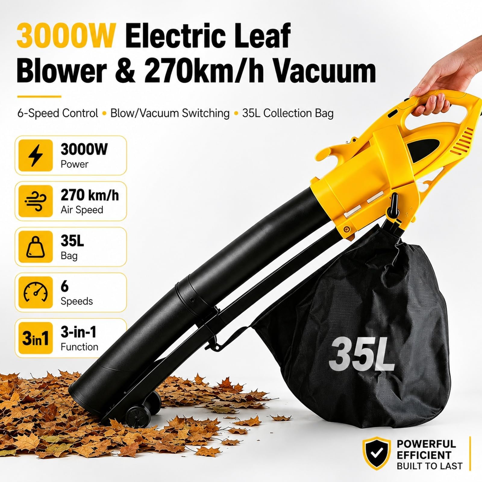 Elektryczna dmuchawa do liści o mocy 3000 W, 6-biegowa, 270 km/h