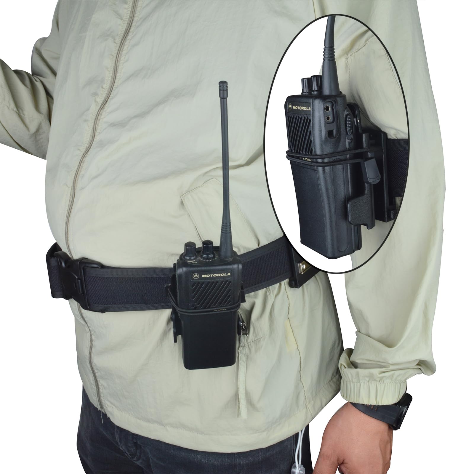 HYS Soporte Walkie Talkie con sistema Molle para cinturones, mochilas, compatible con radio de mano Baofeng Quansheng Motorola y micrófono de altavoz (H-MOLLEBELT)
