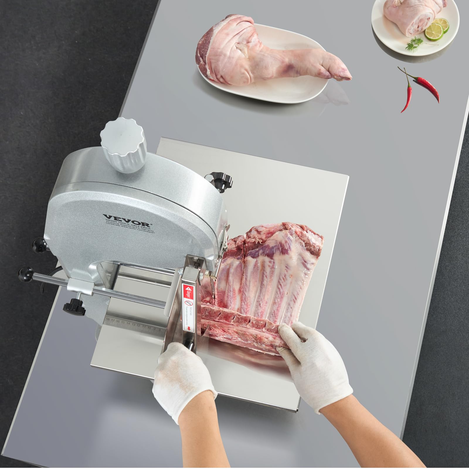 VEVOR kommerzielle elektrische Fleischbandsäge Knochenschneidemaschine, 1800 W Tisch-Knochensäge, 380 x 485 mm Werkbank, Gefrierfleischschneider mit 5 Klingen für Rippchen, Schweinefleisch
