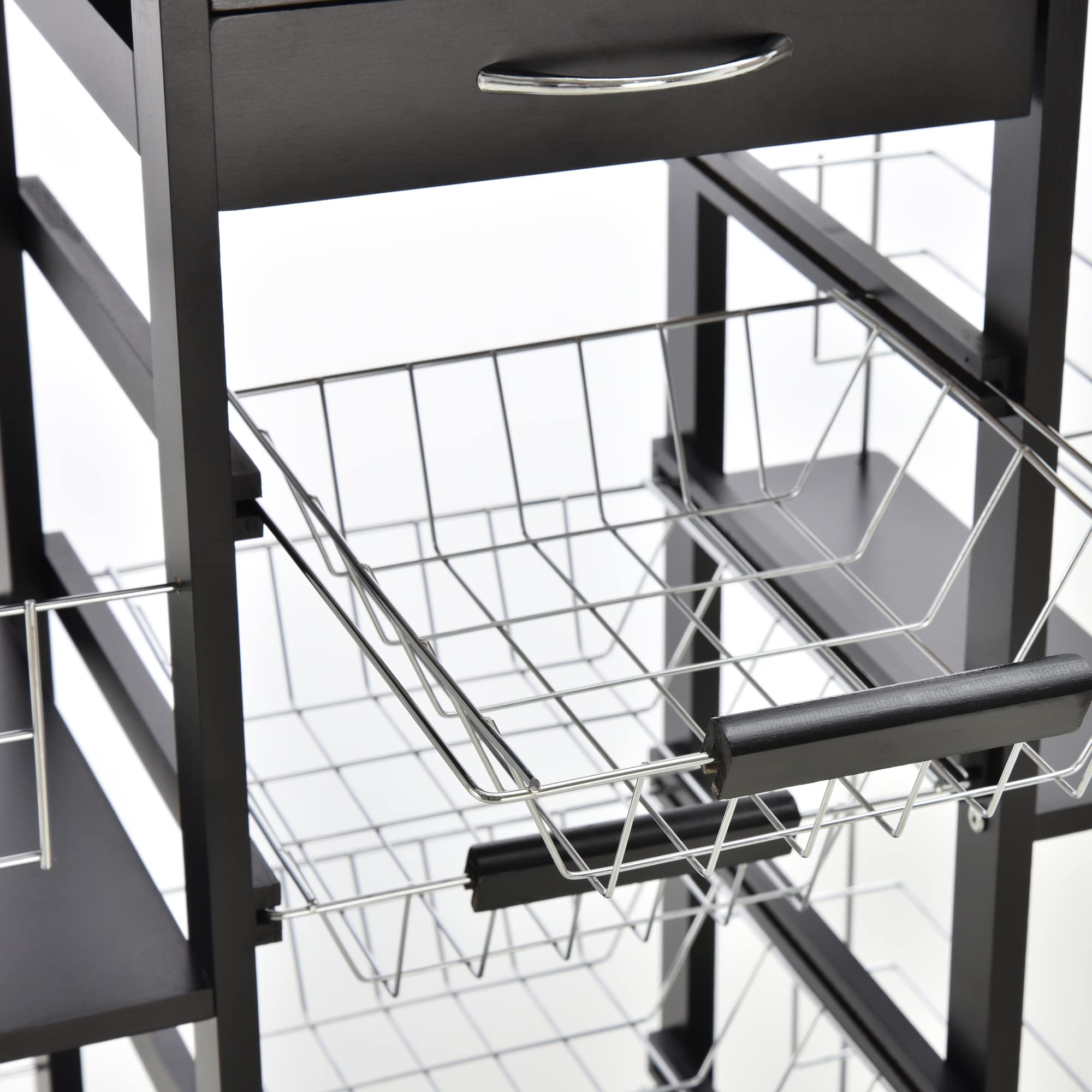HOMCOM Carro de Servicio de Cocina con Ruedas, multialmacenamiento, 4 cestas de Metal cajón + 4 Botellas, Madera de Pino Negro, Bandeja de baldosas, Color Blanco