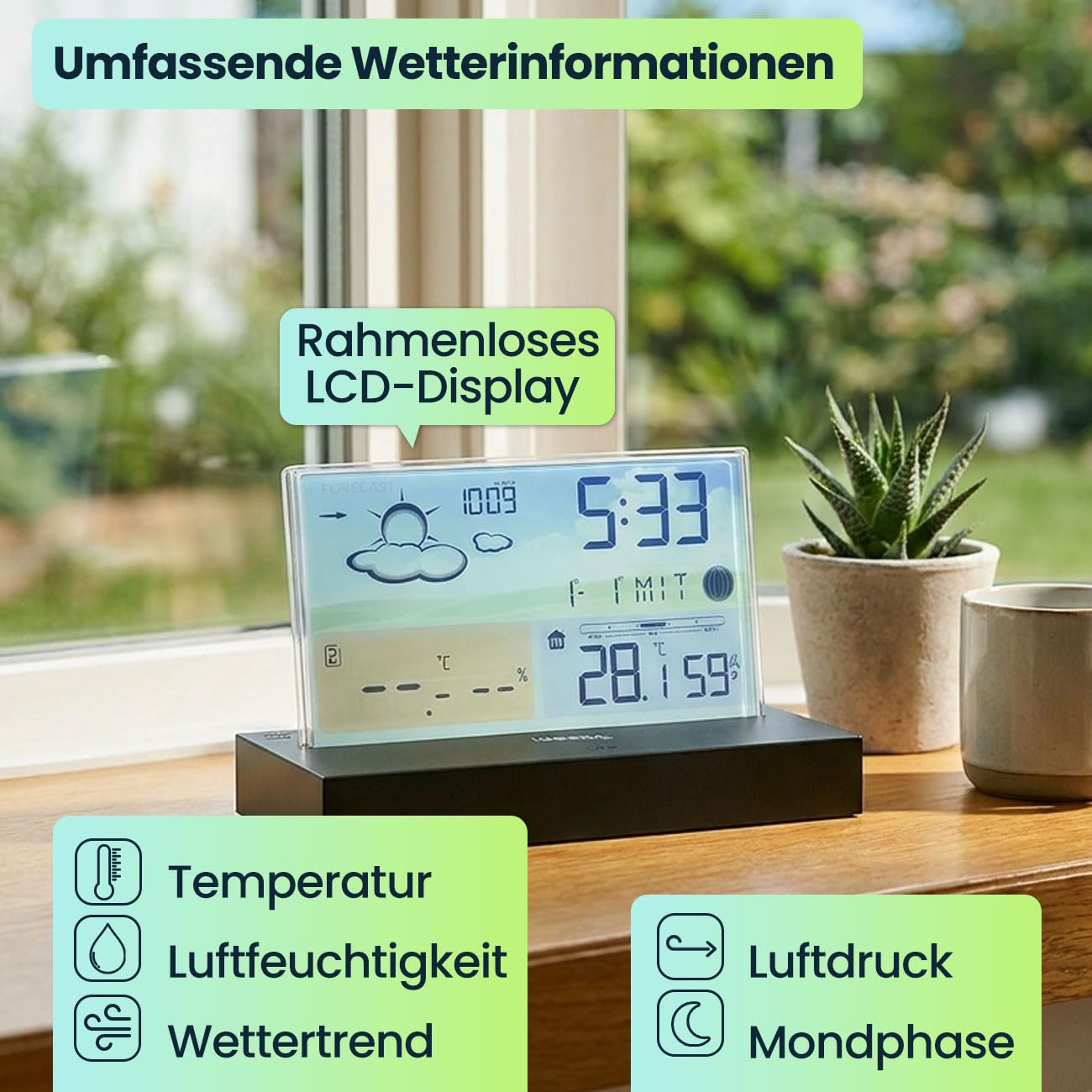 ideoon Moderne Funk-Wetterstation farbig: Rahmenloses LCD-Display für präzise Wetterprognose & Hygrometer – Mit Aussensensor