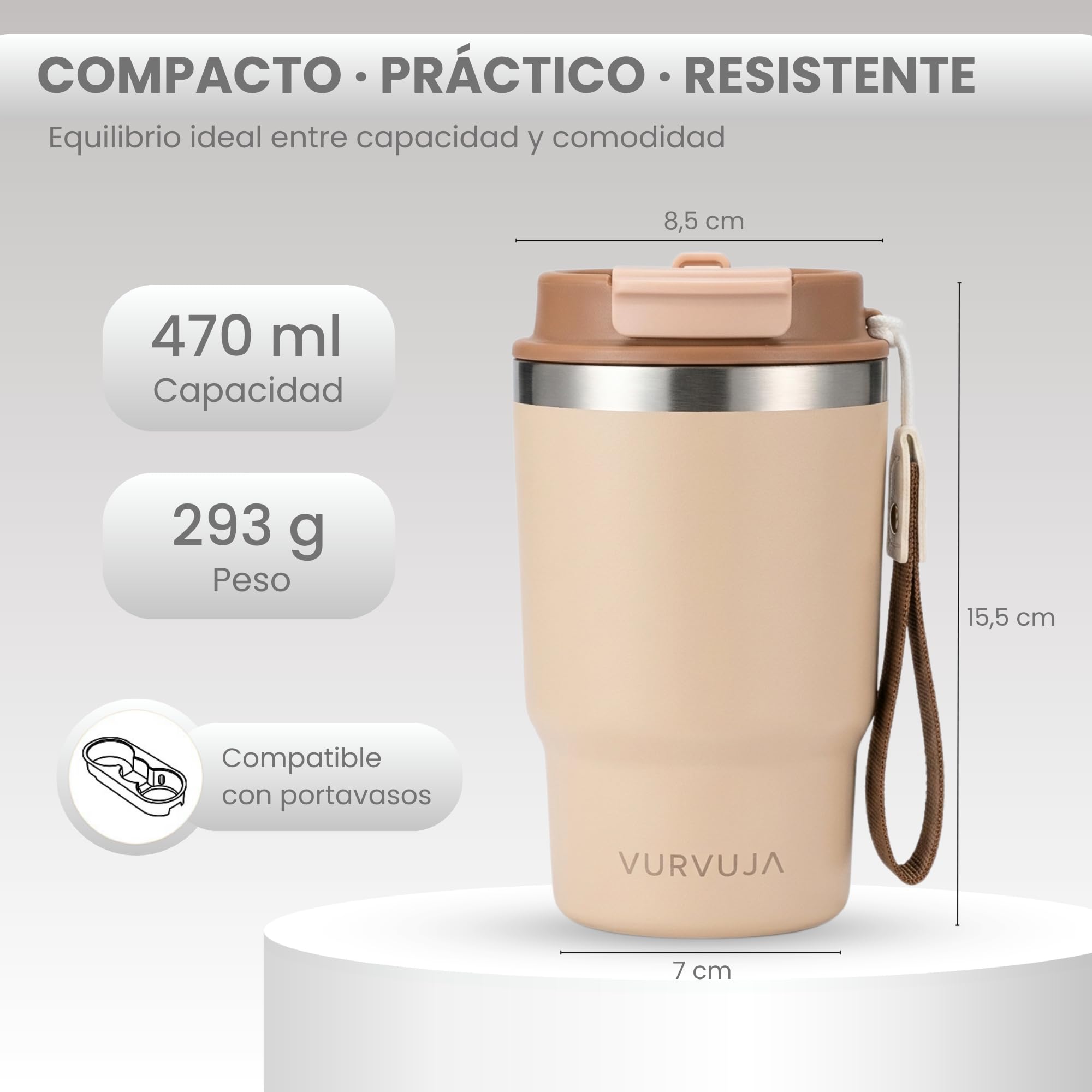 Vaso Termico 470ml de Acero Inoxidable 3en1 con Pajita y Tapa Antifugas. Taza Termica con Correa Integrada, Reutilizable y sin BPA. Termo Cafe para Llevar con Doble Pared para Frío y Calor. (Sand) — view 5