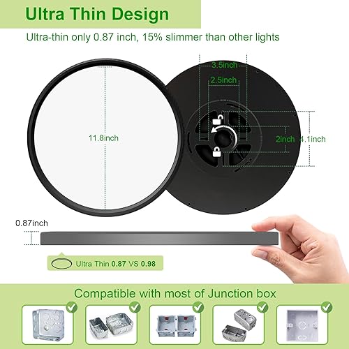 Miniatura 4 de Hunhun Paquete de 2 lámparas LED de techo empotradas de 3200 lm de 28 W 12 pulgadas, 5CCT ajustable, súper delgada, lámpara de techo redonda de 0.87