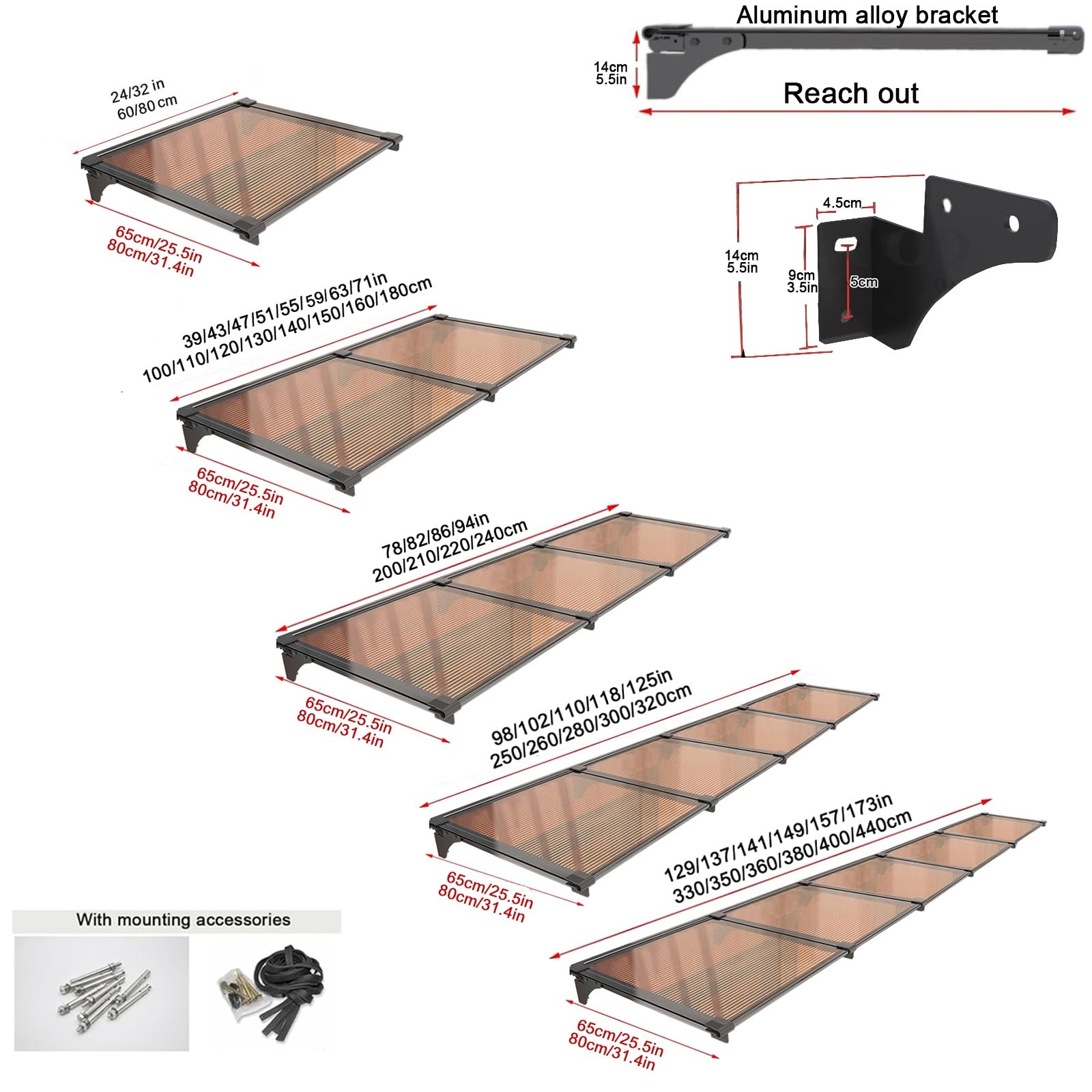 Aluminium i baldachim drzwi, ochrona przed deszczem UV do drzwi wejściowych, prosta konstrukcja twarzy (80 x 320 cm / 32 x 126 cali) - idealna osłona zewnętrzna