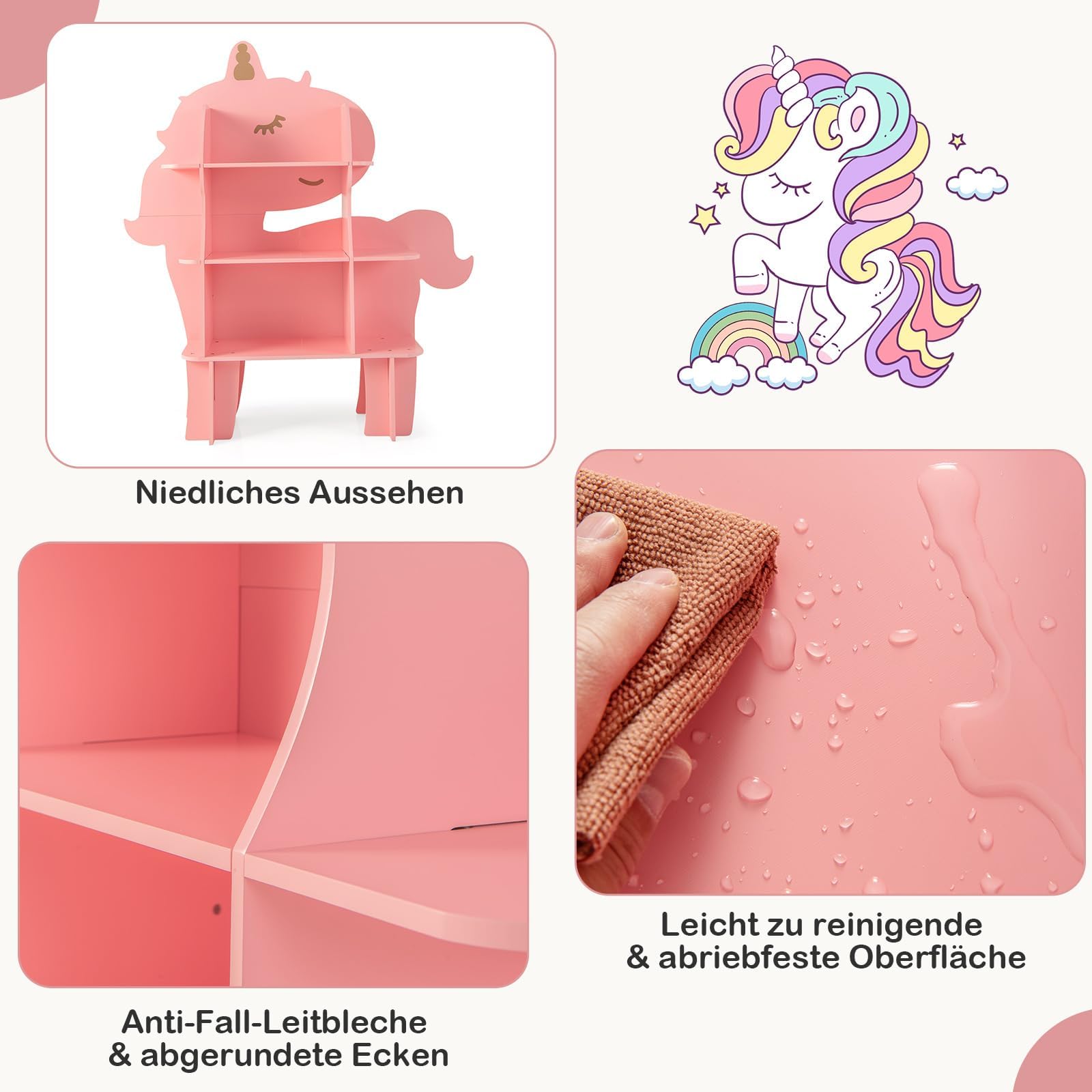 COSTWAY Kinderregal 3 Ebenen in Einhornform, Spielzeugregal Holz mit offenen Regalen, Bücherregal Kinder, Kinderzimmer Regal für Kinderzimmer, Spielzimmer, Kindergarten