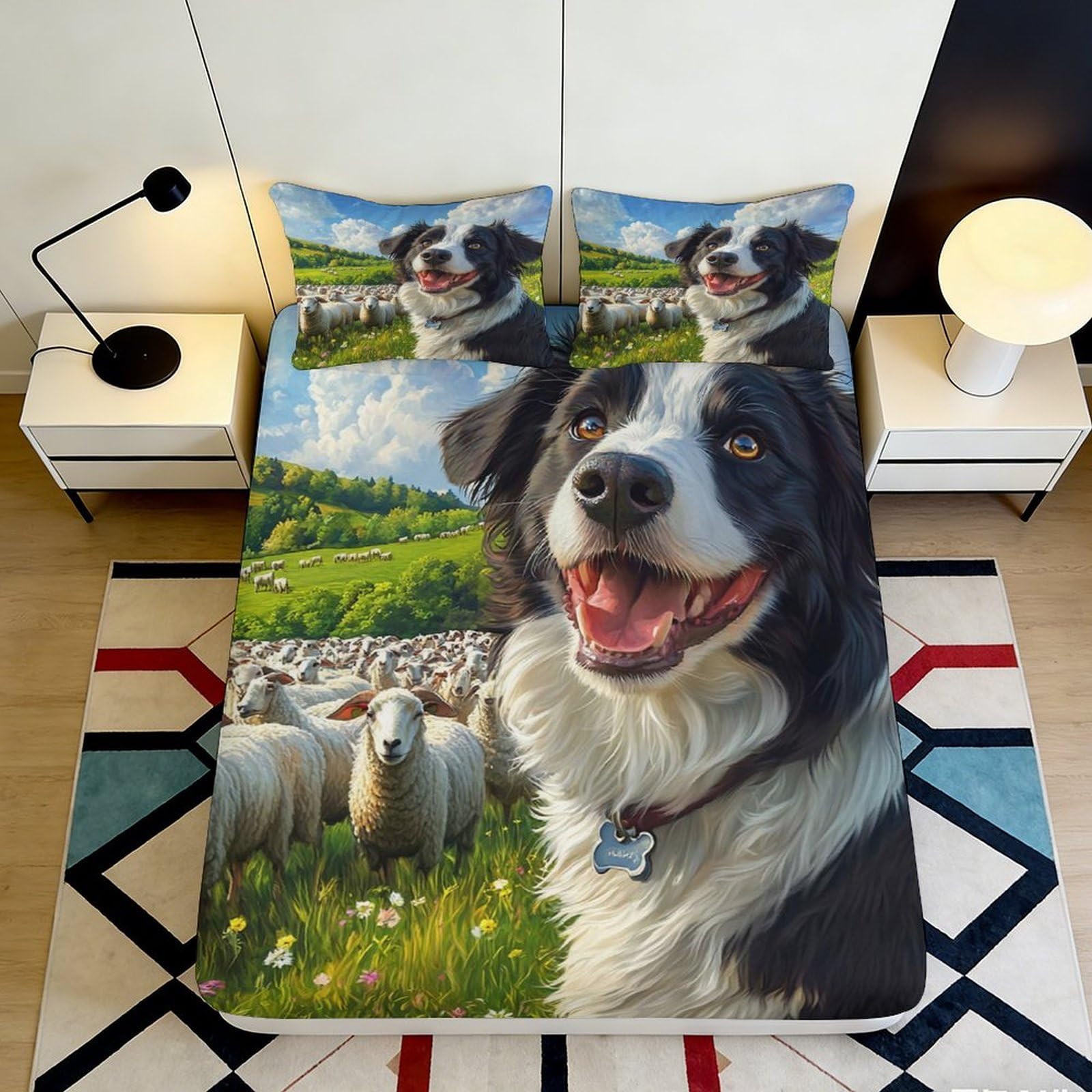 Pnayamiorkfel Style-10 3D Printed Sheep Meadow Fitted Sheet Microfiber Soft Border Collie Bed Cover For Bedroom Guest Room Decor 90X200x25cm