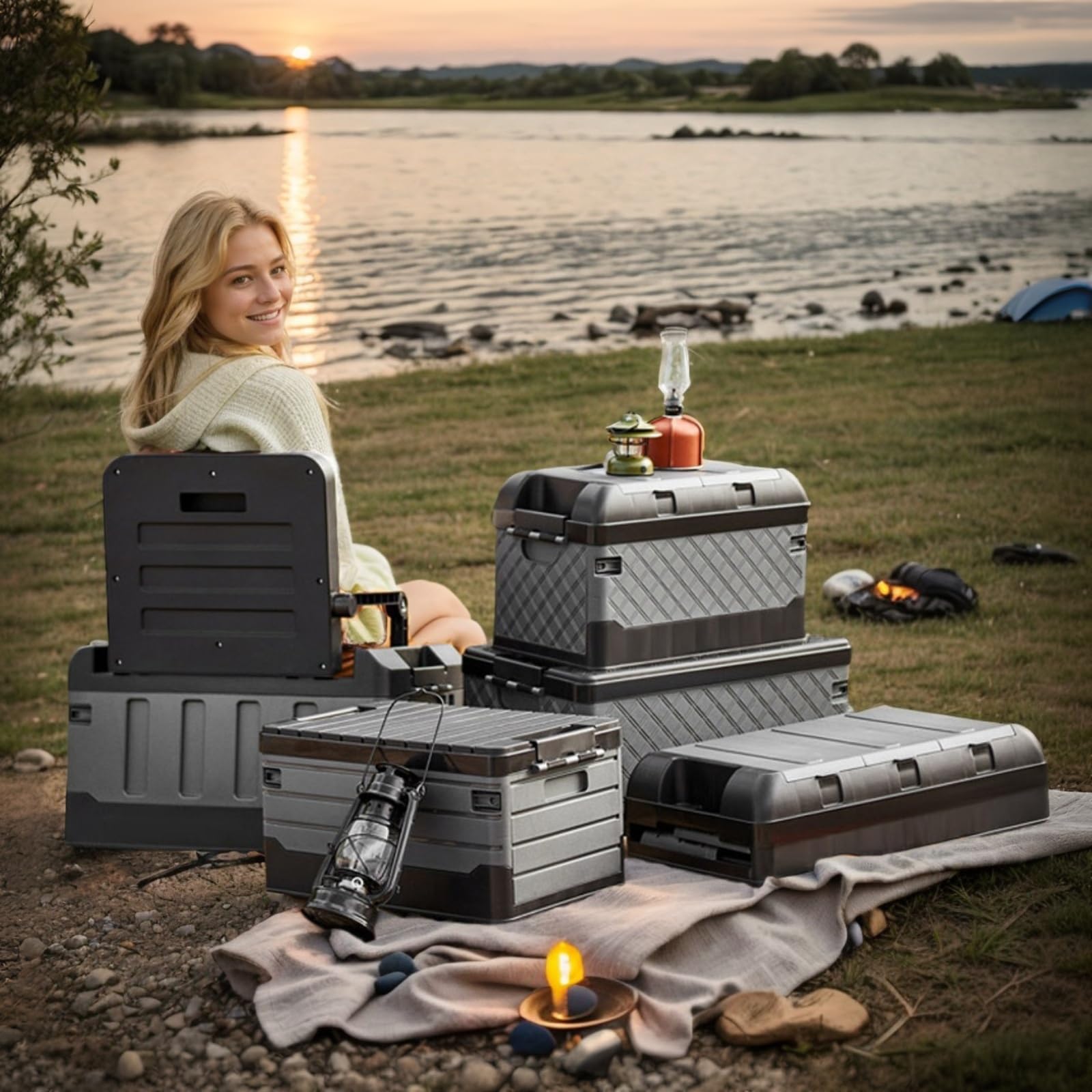 Versatile Foldable Seatable Camping Box Car Organizer Heavy Duty Storage Bins With Lids Box Trunk,Durable Plastic,60L Can Store Clothes, Toys Camping Equipment in Large Capacit (black)