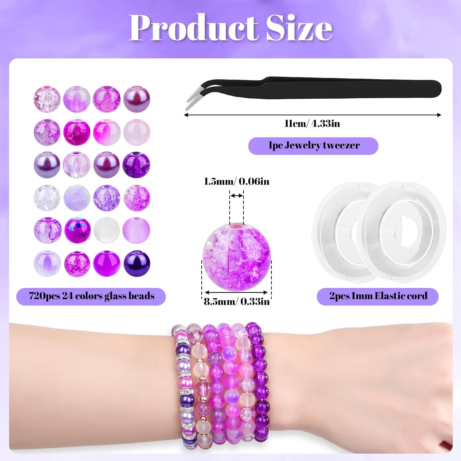 PAXCOO 720pcs Glass Beads for Jewelry Making 8mm, 24 Colors Bead Bracelet Making Kit Purple Round Loose Beads for Bracelet Earring Necklace Jewelry Making Supplies - Image 5