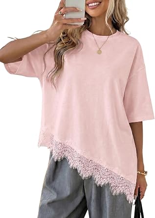 LOLONG Women Casual Crew Neck Half Sleeve Shirt Asymmetrical Lace Hem Tops