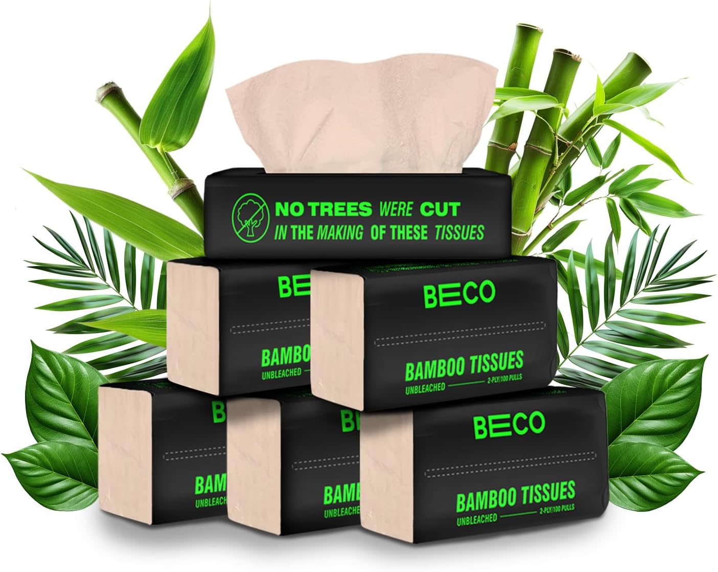 Beco Bamboo Soft Facial Tissue Papers- 100 Pulls (Pack of 6), 600 Pulls - 2 ply,100% Natural and Ecofriendly, Soft tissue box/pack
