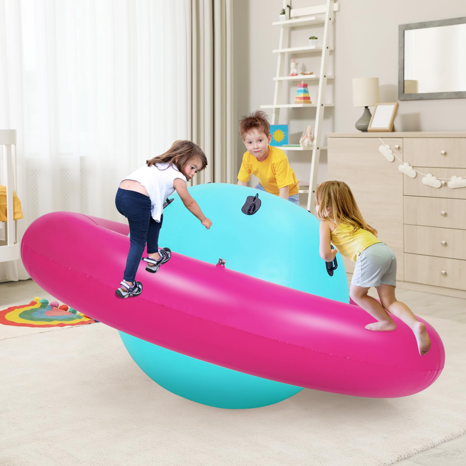 GYMAX 88'' Inflatable Dome Rocker Bouncer, Giant Inflatable Rocking Planet with 6 Handles, Indoor Outdoor Large Blow Up Rocking Ball for 5 Years Old+ Boys Girls, Max Weight 113kg (Pink+Green) — image 1