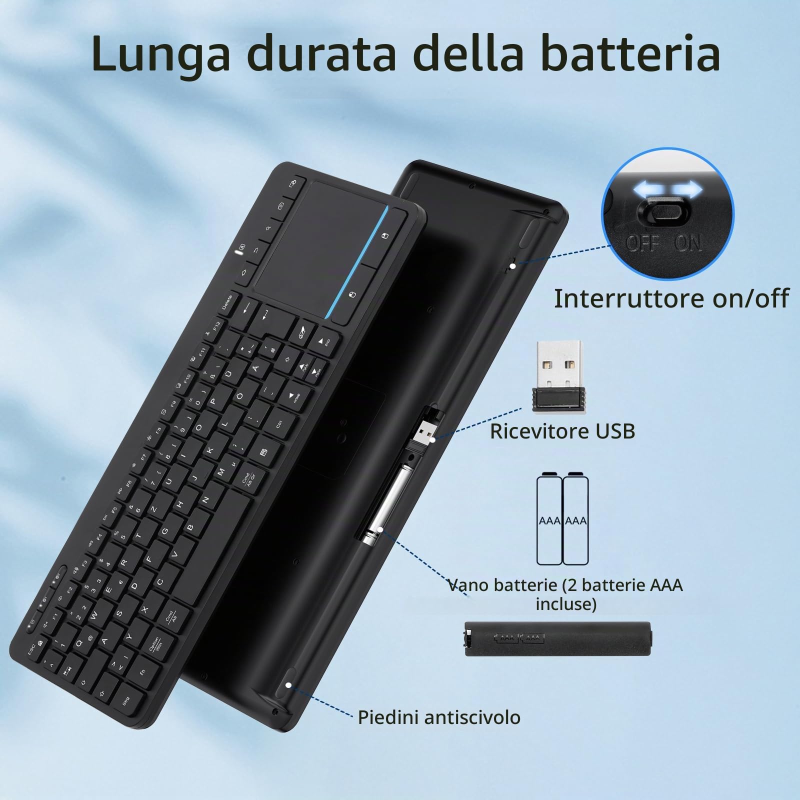 Tastiera Bluetooth senza fili con touchpad, tastiera tv wireless con trackpad multi-touch, supporta 3 dispositivi per TV, Windows, Android, Chrome OS, laptop, tablet (2.4 G+BT)
