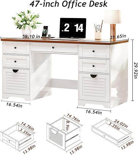 Miniatura 2 de Escritorios de oficina en casa de 59 pulgadas, escritorio ejecutivo, escritorio para computadora de granja con 7 cajones y estación de carga, cajón