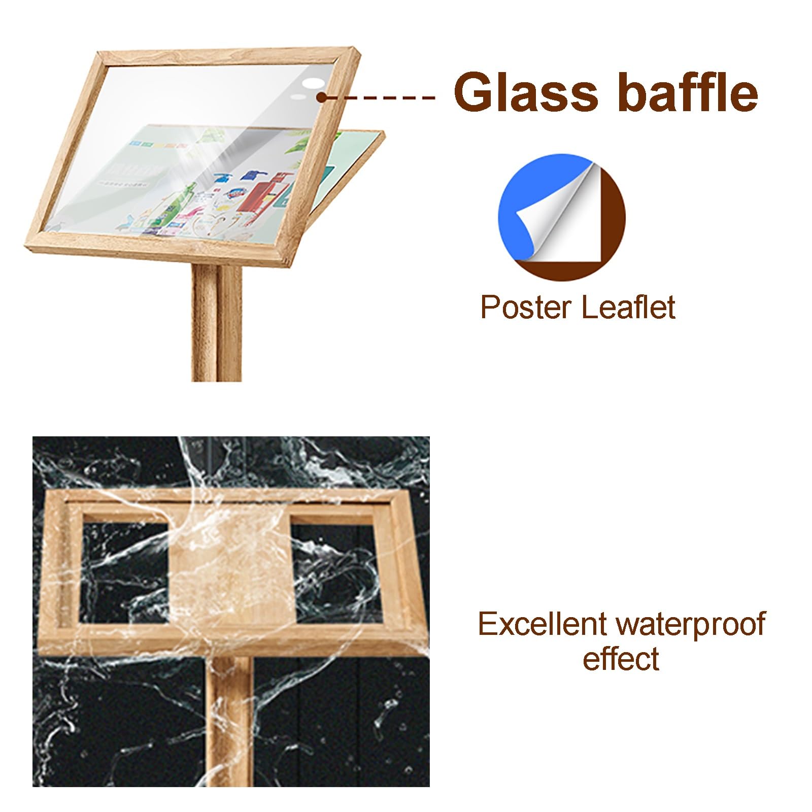 Porta Menu Esterno Porta Poster da Pavimento in Legno Massello con Copertura in Vetro Temperato Supporti per Cartelloni Pubblicitari per Fiere e Negozi