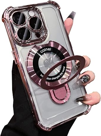 Magnetic Invisible Kickstand Holder for iPhone 15 Pro Max Case Compatible with Magsafe, with Camera Lens Protector, Millitary Shockproof Clear Cover for iPhone 15Pro Max Pink