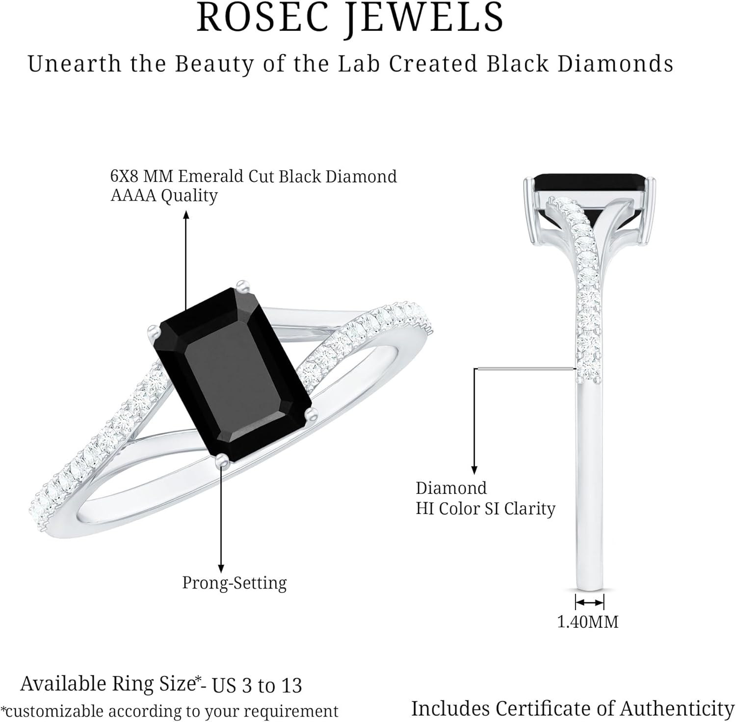 Certified Lab Grown Black Diamond Emerald Cut Engagement Ring, Aaaa Quality, Black and White Diamond Ring - Ready For Gift