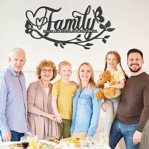 Miniatura 3 de Family Where Life Begins Love Never Ends - Letrero de metal para pared, 27 x 14 pulgadas, gran placa de hierro negro para pared, decoración para