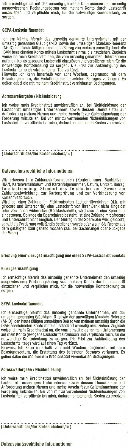 50 Stck. EC Thermorollen mit SEPA-Lastschrifttext 57mm x 25m x 12mm Rollen-Aussendurchmesser 45mm phenolfrei