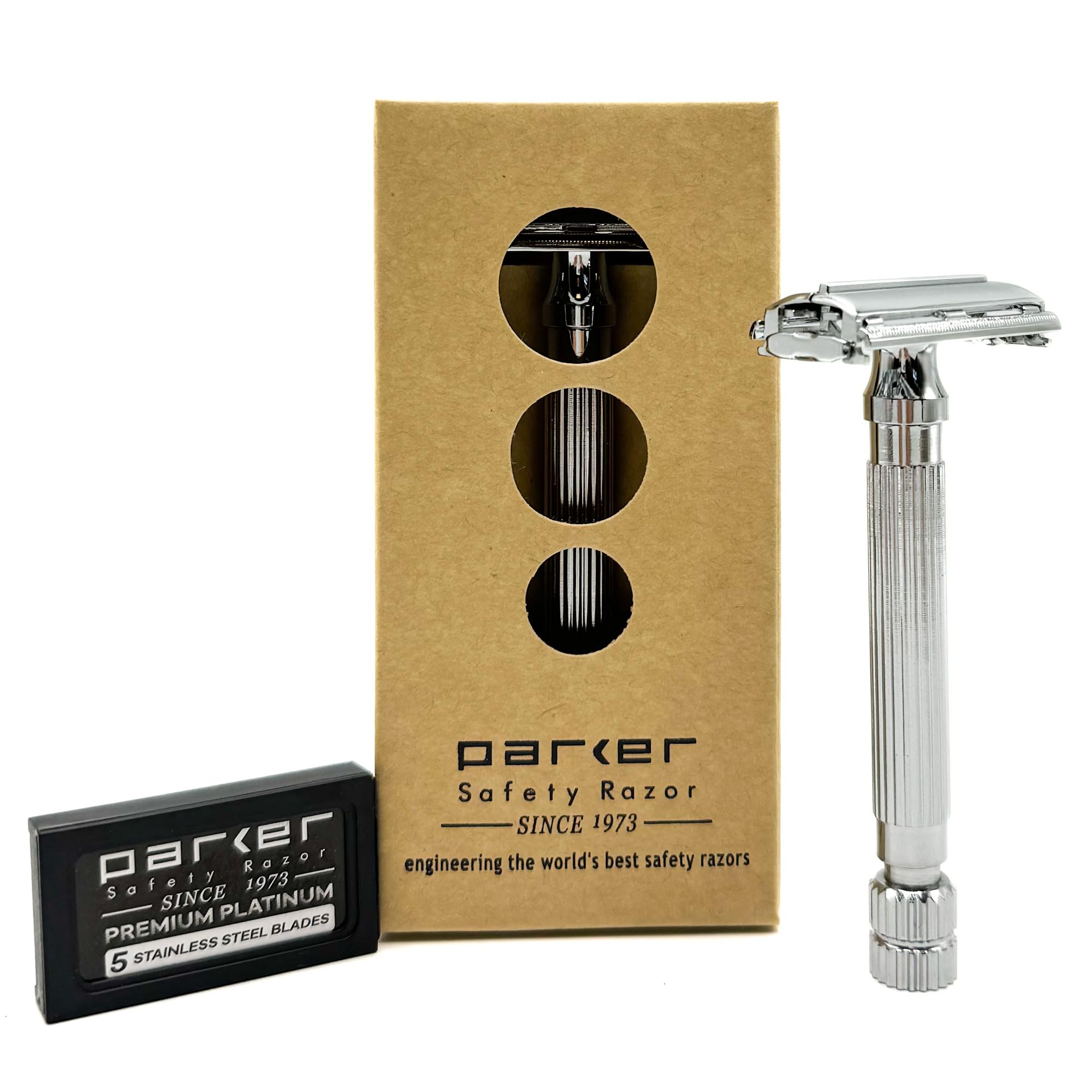 model 82r, deluxe chrome plated heavyweight twist-to-open butterfly safety razor & 5 parker double edge blades
