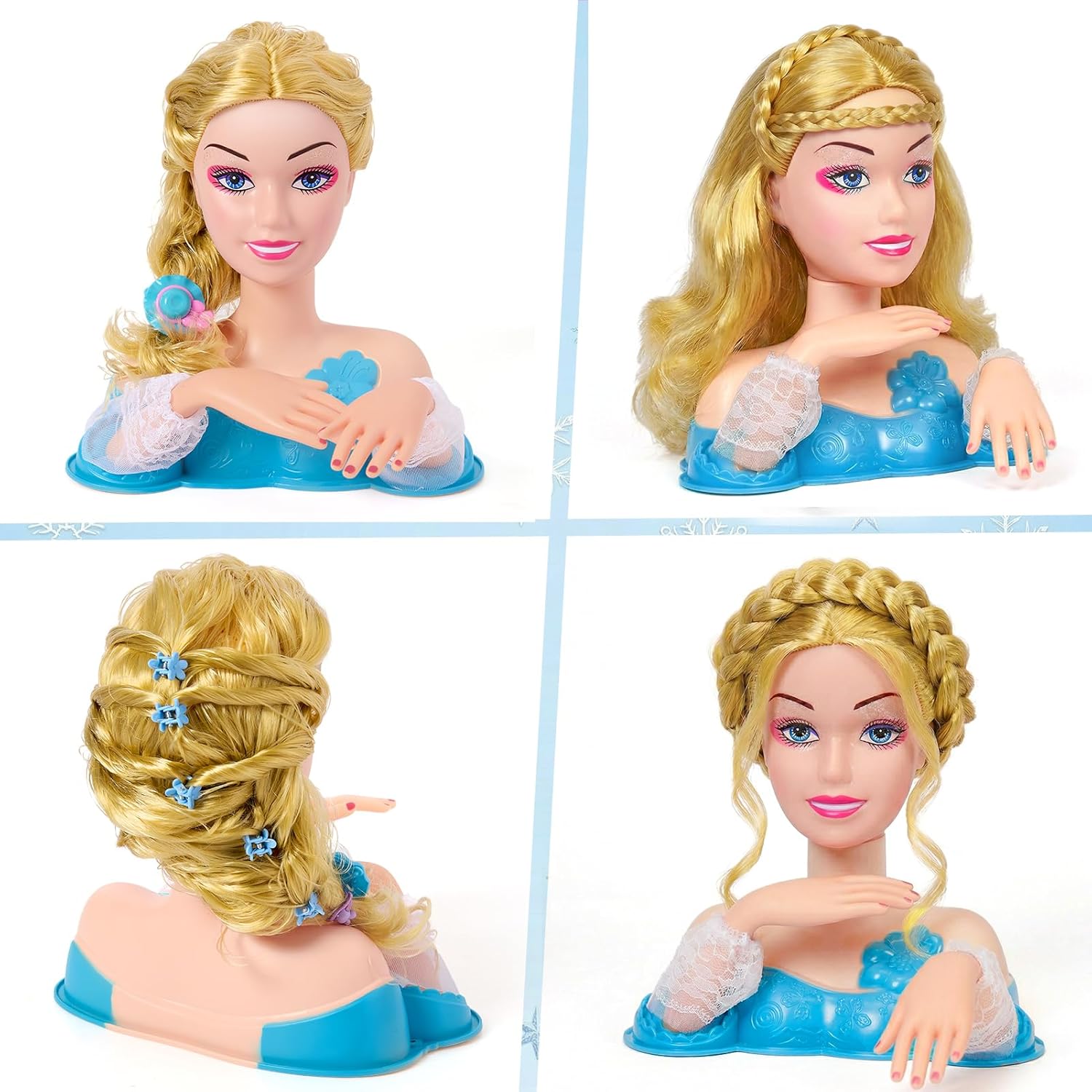 Cleboen Princess Styling Head for Girls 3-8, 32Pcs Hair Salon Toy with Real Airflow Dryer & Washable Makeup, Blue Theme Doll Head for Hairstyling Practice, Birthday Christmas Sleepover Gift for Kids