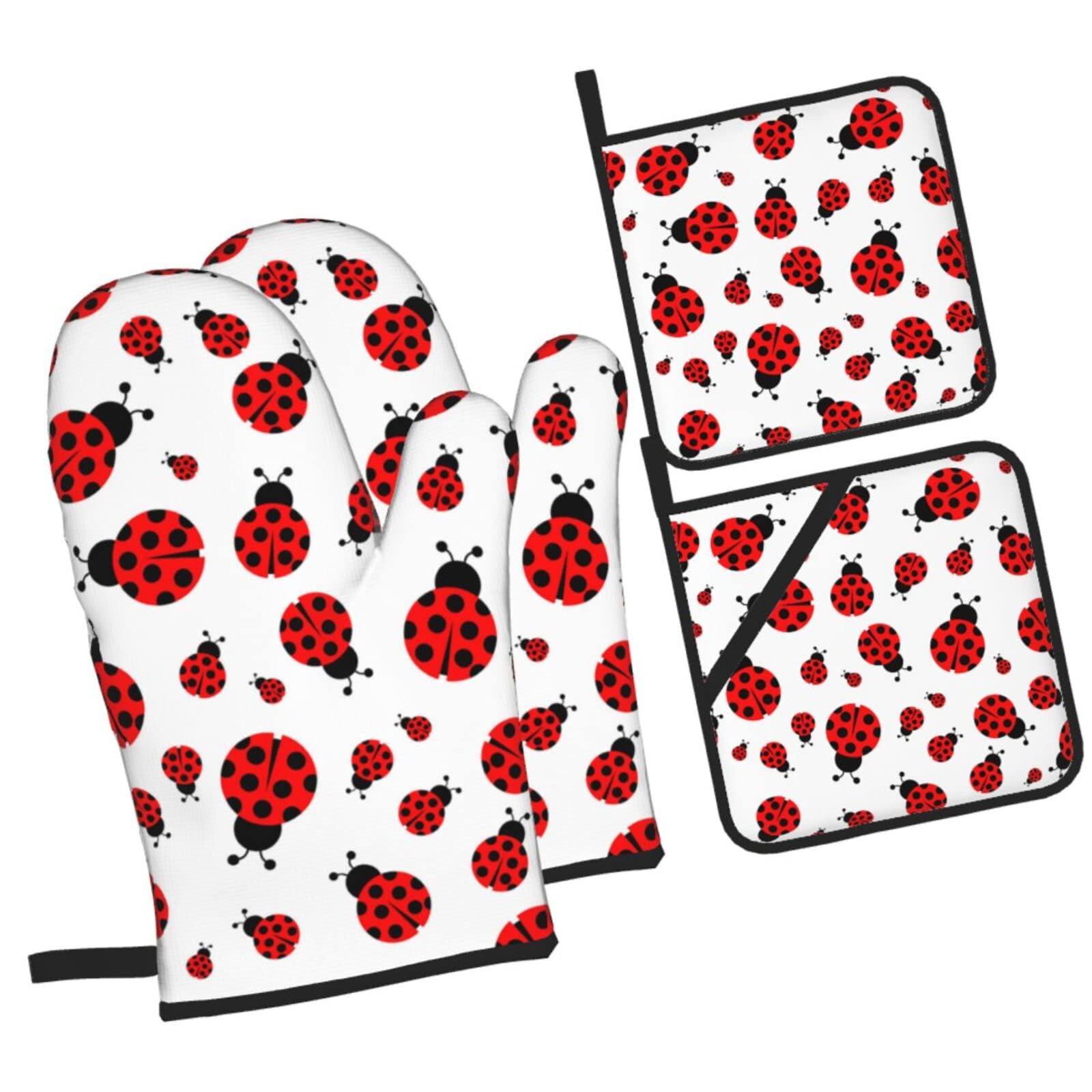 Ladybug Seamless Pattern Vector Oven Mitts and Pot Holders Sets, Christmas Oven Mitt Kitchen Heat Resistant Non-Slip Pot Holders Set for Cooking Baking BBQ