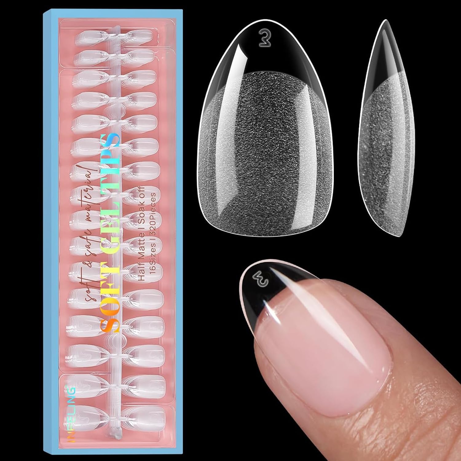 Short Almond Nail Tips - INFELING Soft Gel Nail Tips 320pcs, Half Matte Short Nail Tips Clear Ultra Fit & Natural Gel Nail Tips Pre-shape Short Almond Nails Fake Nails for Nail Extension, 16 Sizes