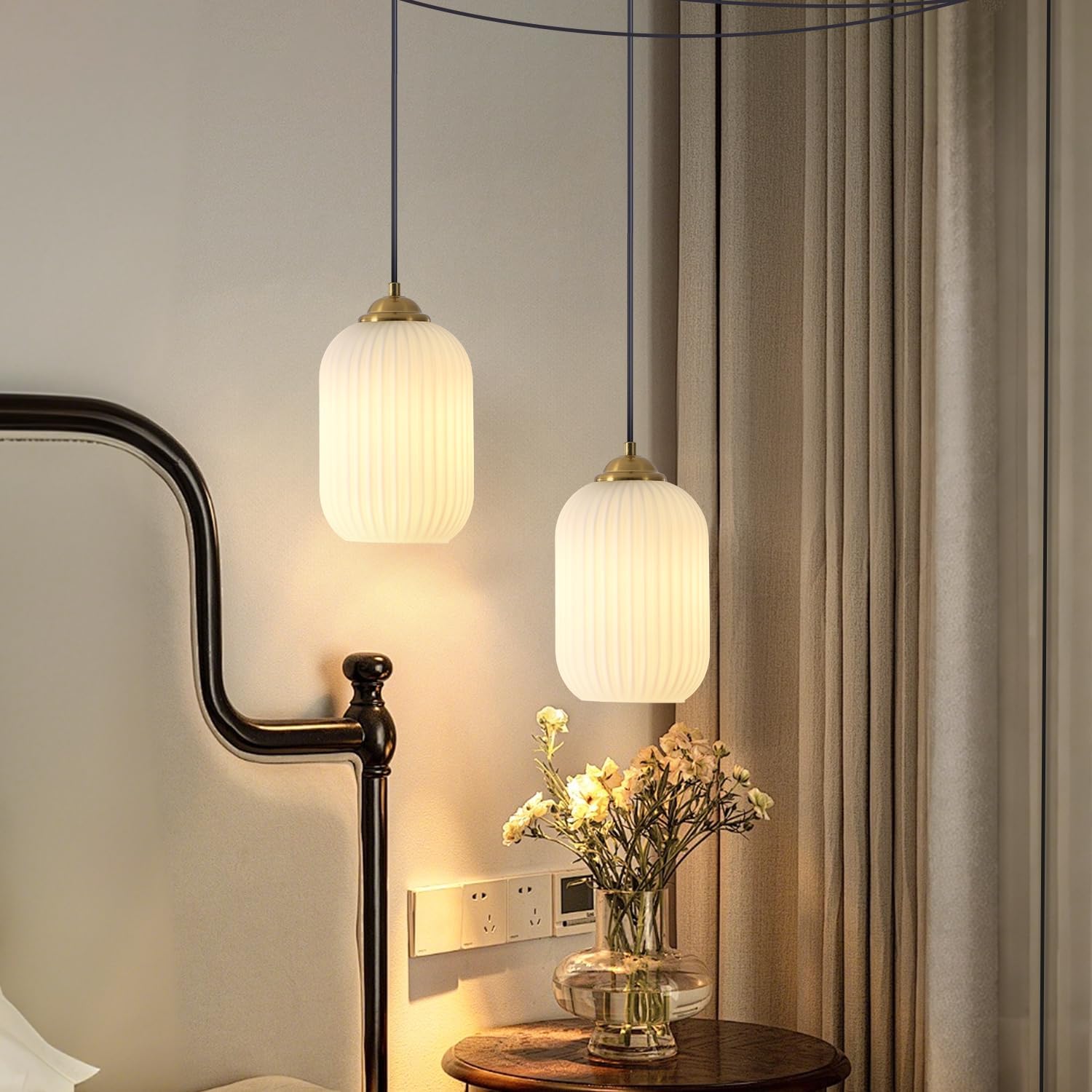 Glass Cylinder Pendant Light Antique Brass Plug in Hanging Light Fixture Vintage Gold Milk Glass Pendant Light Mid Century Modern Plug in Hanging Light