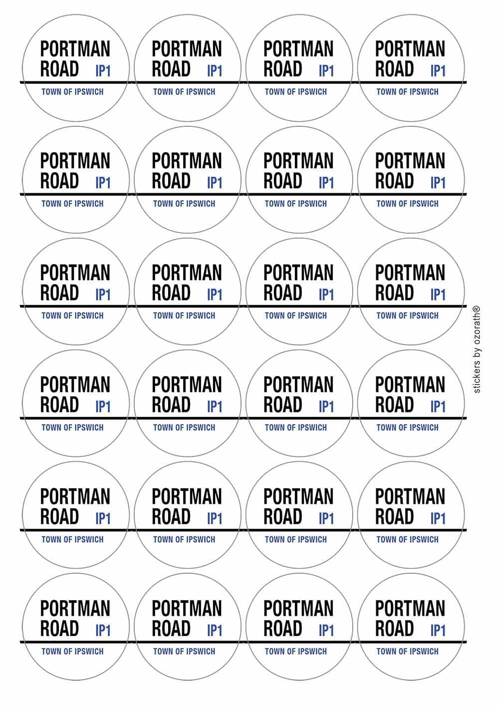 Ozorath Multicolor Portman Road Ip1 Town Of Ipswich Road Sign Circular Matt Paper Stickers A4 Sheet Of 24 (Each Sticker Is 45Mm Diameter)