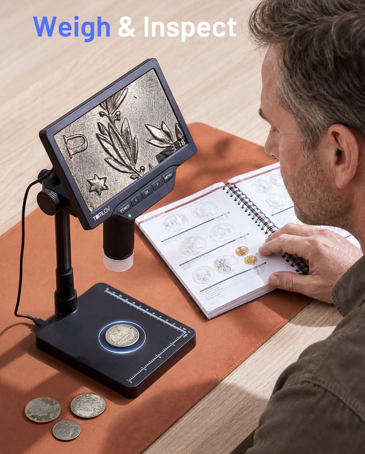 TOMLOV DM4W Max Digitalmikroskop mit 500g/0,01g Präzisionswaage, 7 Zoll IPS HD Münzmikroskop 16MP, Fehlermünzen-Detektor für Sammler, Schmuckprüfung und Elektronikreparatur