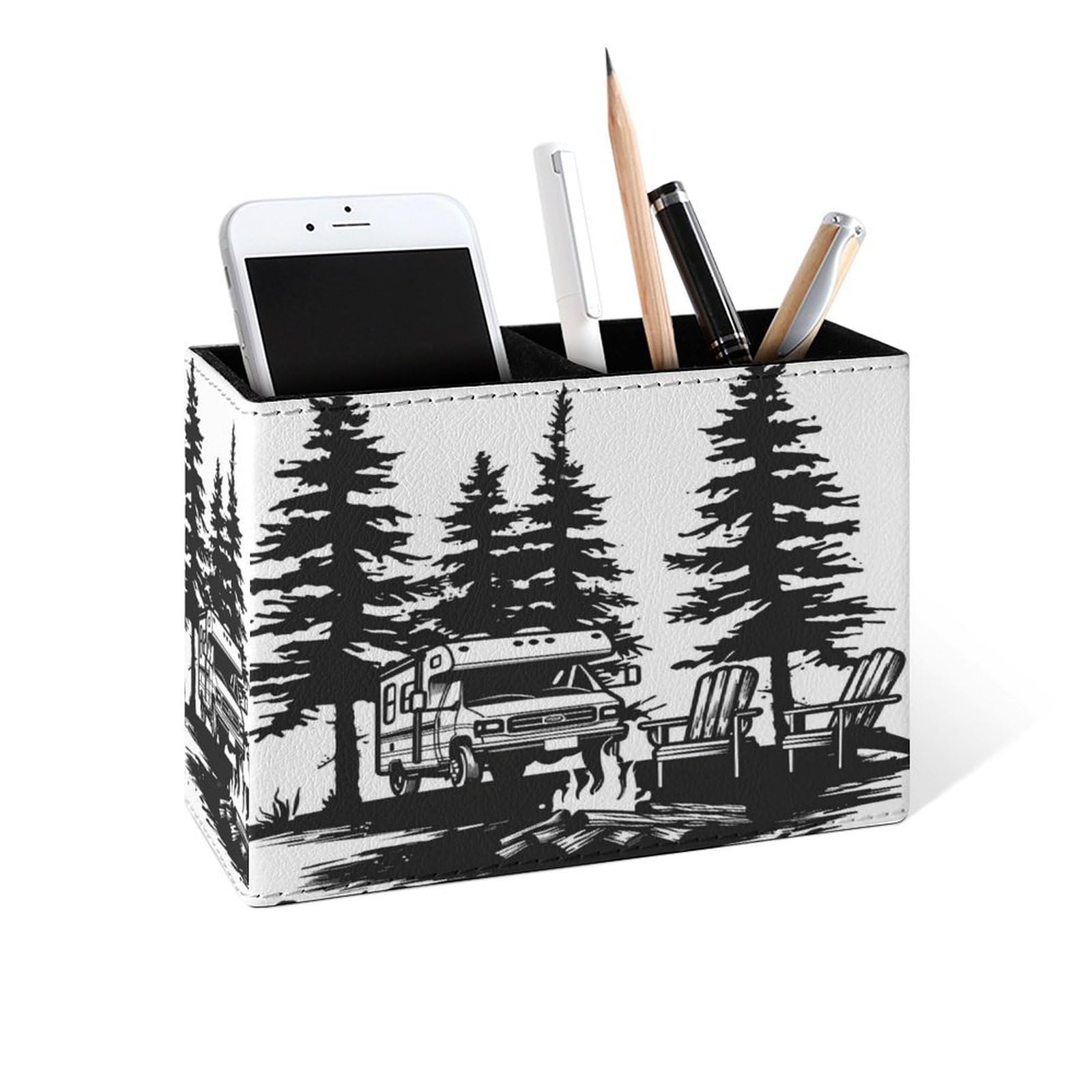Famame Camper Bonfire Trees Pencil Holder for Desk, Leather Desktop Container Pen Cup Storage Study Table Pen Organizer Makeup Brush Holder for