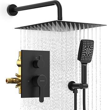 Shower Faucet Set Wall Mounted Shower head with Handheld Comb Rain System 6 Function Pressure Balance - Stainless Steel Bathroom Shower Kit Complete 12 Inch Matte BlackWith Valve