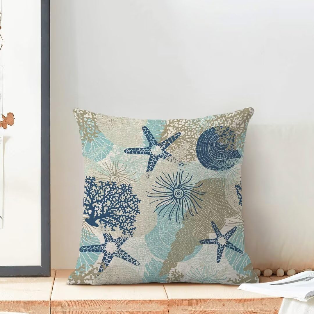 Nautical Coastal Throw Pillow Cover 16X16 Inch Pack of 2,Summer Beach Ocean Themed Decorative Pillow Covers Square Linen Starfish Seashell Pillow Cases Cushion for Bedroom Home Sofa Decoration - Image 3