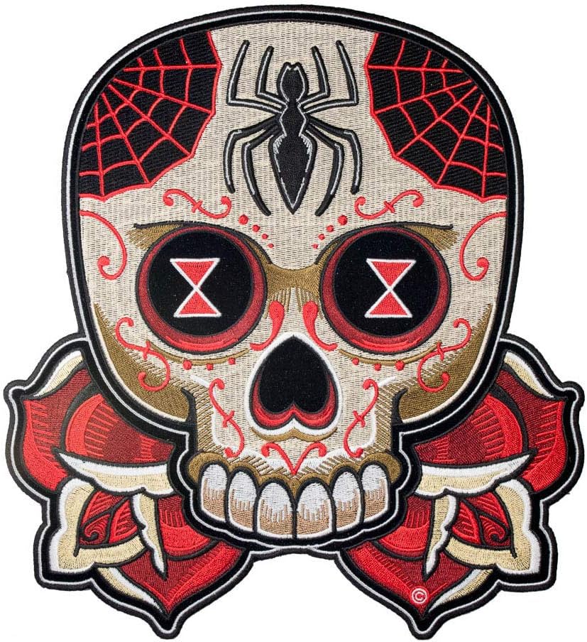 PatchStop Candy Skull Spider Roses Red Iron On Patches for Clothing Jeans - 9.5x10.5in Large DIY Sew On Patch for Jackets Bags - Embroidered Decorative Sugar Skull Patches
