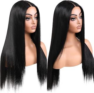 ENCOUNTERU Wear and Go Glueless Black Wig Pre Plucked Synthetic Lace Front 1b Jet Black Wigs for Women Long Straight 13X5X1 HD Lace Middle Part 26 Inch