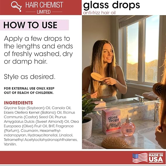 Hair Chemist Gloss Drops Anti-Frizz Hair Oil 3.38 oz. - Lightweight High-Shine Serum to Smooth Split Ends & Flyaways, Deep Hydration for Soft, Manageable Hair