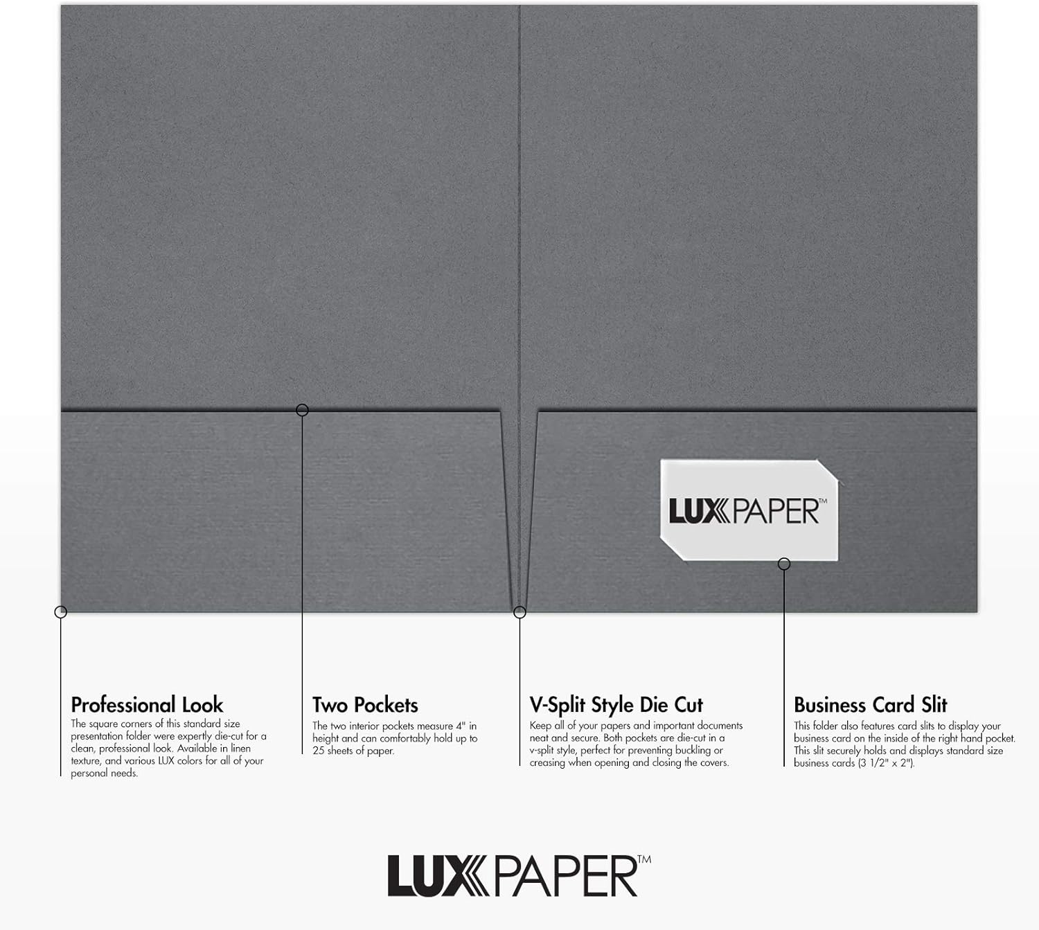 LUXPaper 9" x 12" Presentation Folders | Two Pocket | Front Cover Card Slits (Lower Right) | Sterling Gray Linen | 100lb. Cover | 25 Qty
