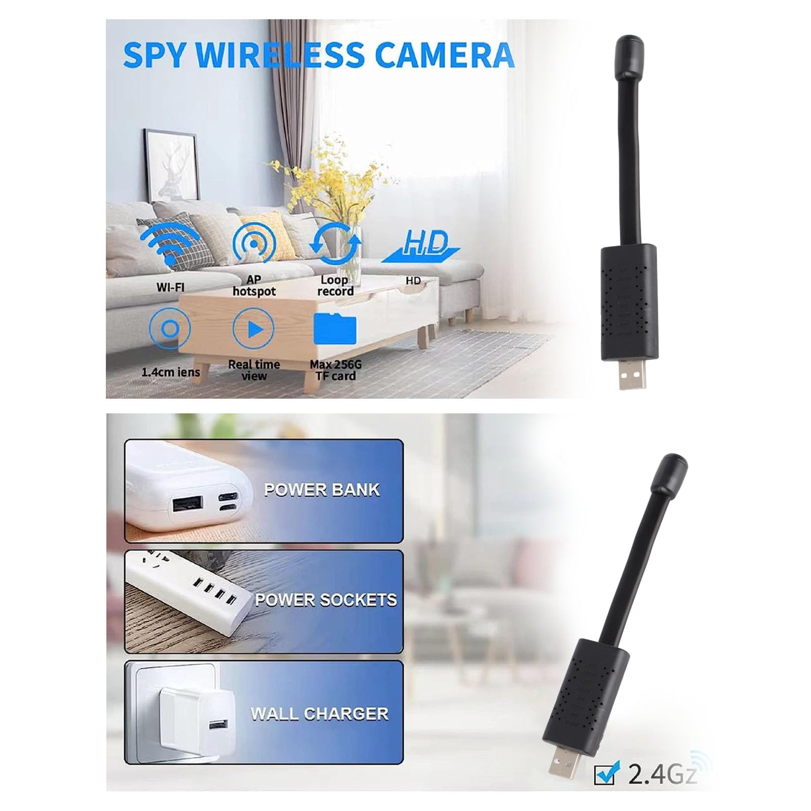 Tonysa Mini Telecamera Wireless WiFi con Presa USB, Telecamera con Obiettivo a Collo di Cigno Telecamera di Sicurezza 720P HD per Auto, Casa, Telecamere di Sicurezza Piccola Telecamera