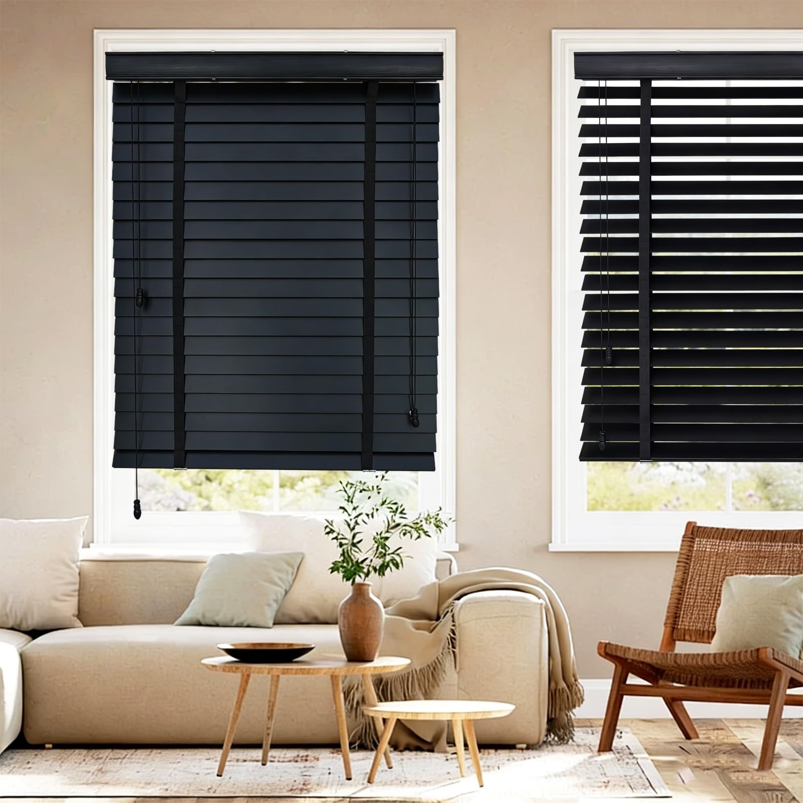 Persianas venecianas horizontales de madera negra, el toque moderno para ventanas de salones y oficinas