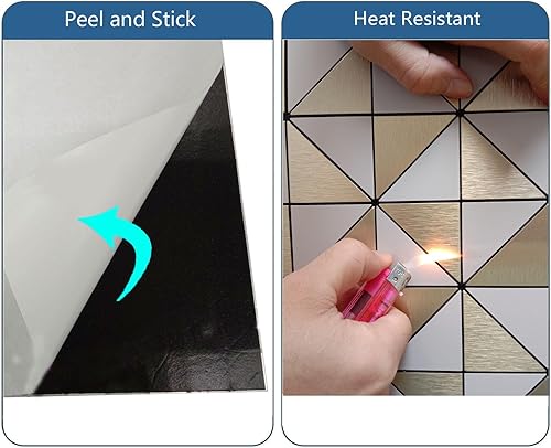 Miniatura 5 de YMMXGE Azulejos triangulares de metal de 14 hojas, calcomanías de pared con textura metálica de alta gama, azulejos autoadhesivos para pared de