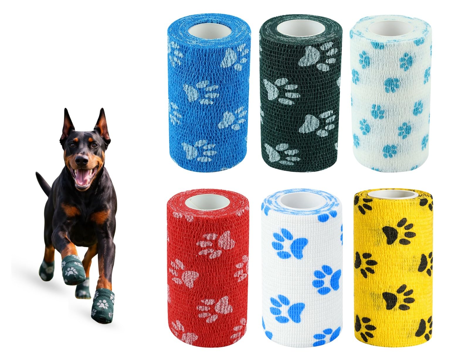 TitanPets Dog Bandage Cohesive Wrap for Paw & Leg | 10cm x 4.5m – Pack of 6 | Easy Tear, Fur Safe | Self Adhesive Elastic Vet Tape for Walking Protection, Wound Care & Licking Prevention Bandage Roll