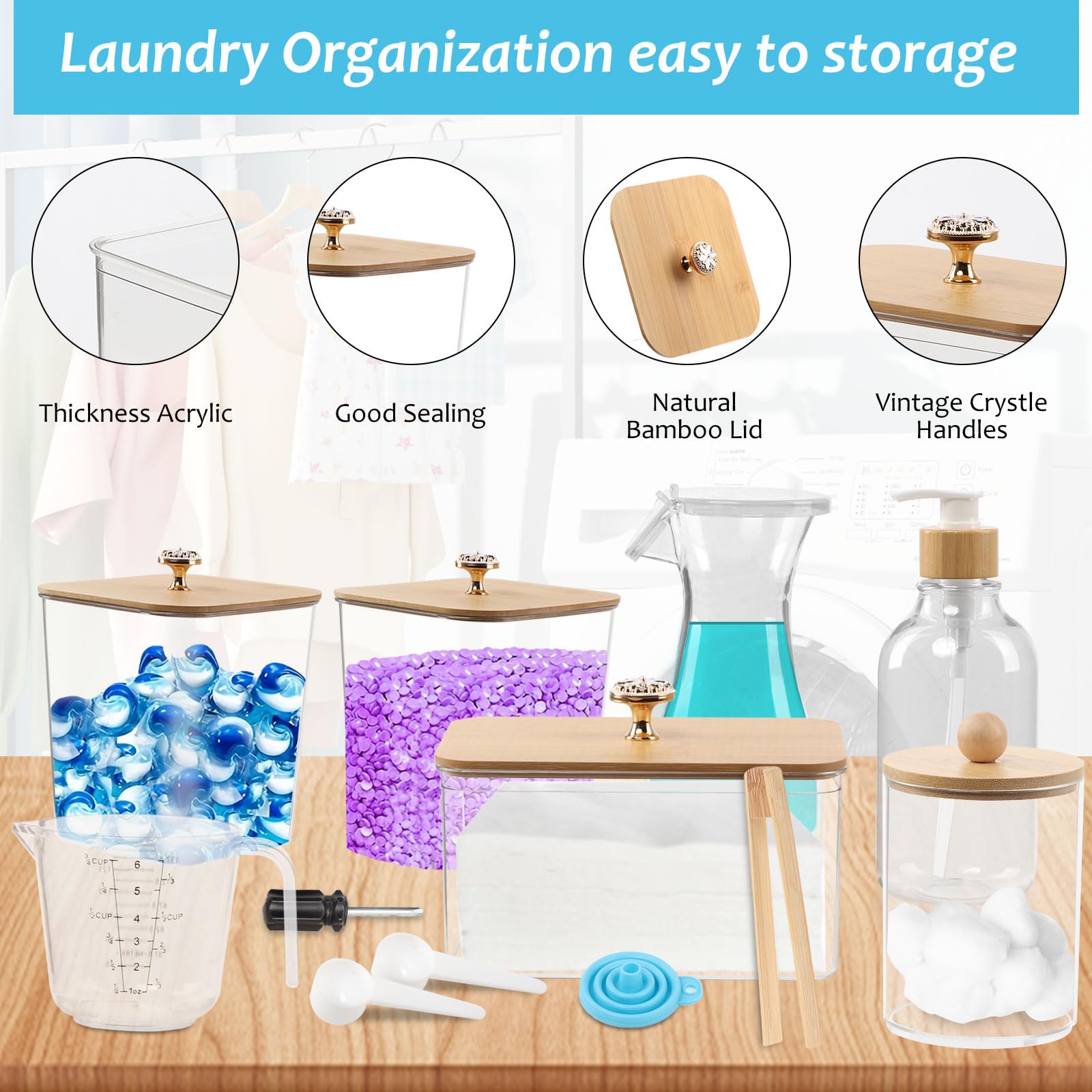 6 Piezas Almacenamiento de Detergente para Lavandería, Caja Para Detergente en Polvo de Alta Capacidad con Tapa de Bambú, Contenedores Lavandería con Taza Medidora y Caja para Bolitas de Algodón (B)