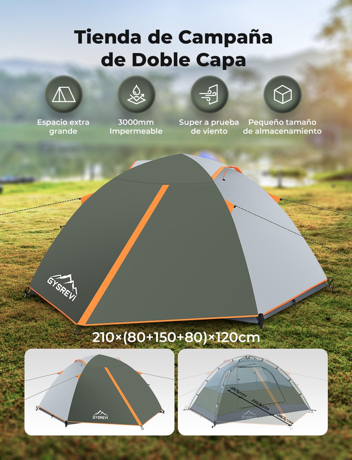 Tienda de Campaña 2-3 Personas Impermeable a Prueba de Viento Doble Capa Portátil Ultraligera