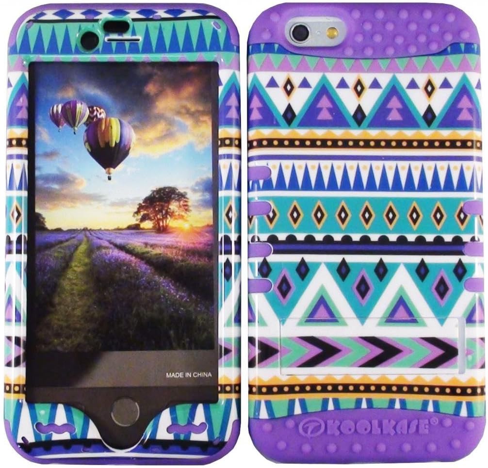 Cellphone Trendz Hard & Soft Rubber Hybrid HIGH Impact Protective CASE Cover for Apple iPhone 6 4.7" 6th Generation - Blue Aztec Tribal Design Hard Case Design on Purple Silicone