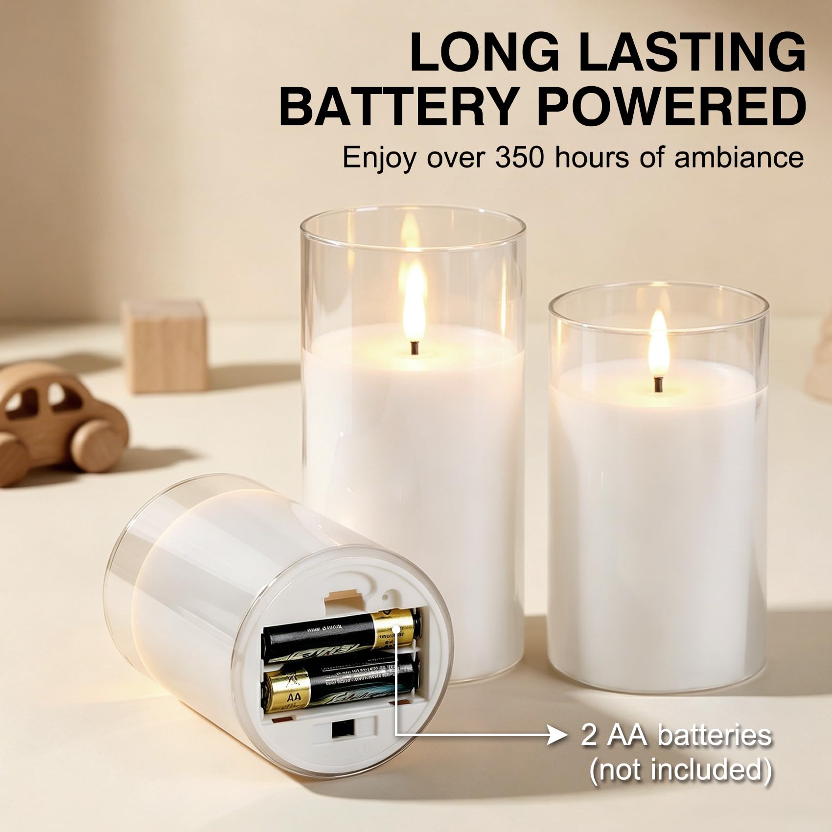 Eywamage Candele cilindriche in vetro trasparente, senza fiamma, tremolanti in movimento, candele a LED in vera cera a batteria, con telecomando, decorazione per la casa, set da 3