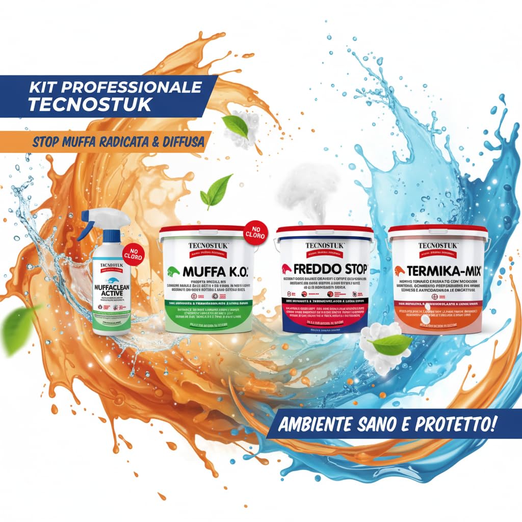 TECNOSTUK KIT Professionale Antimuffa Per Muffa Molto Radicata Ed Estesa MuffaClean Active 1L + Muffa K.O. 1L + Freddo Stop 1L + Termika-Mix 1L