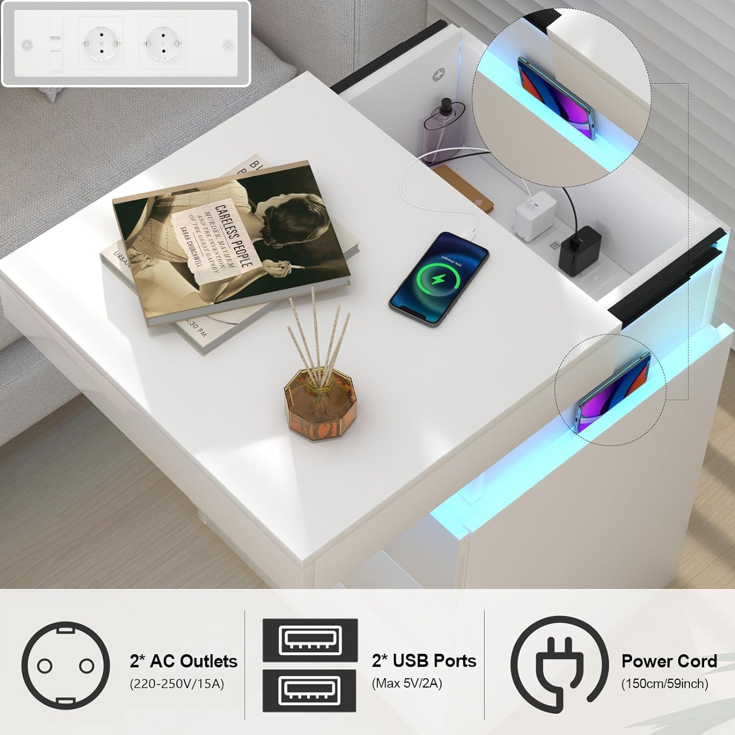 Generic Juego De 2 Mesita De Noche Con 2 Cajones, Mesa De Noche Con Cajones Para Muebles De Dormitorio, Mesa Auxiliar Con Luz LED - Color Blanco : Costa Rica