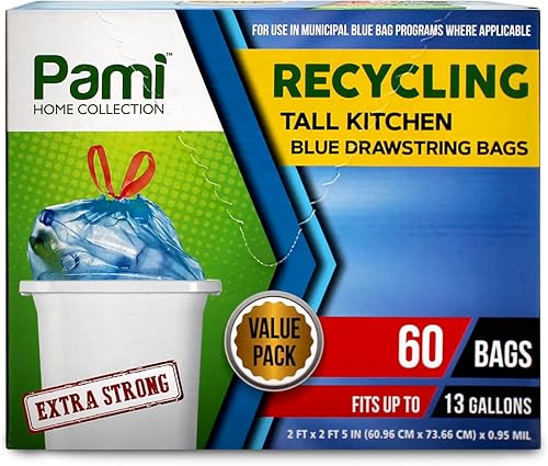 PAMI Bolsas de basura altas de 13 galones con cordón de reciclaje para cocina, bolsas de basura de plástico extra fuertes paquete de 60 unidades