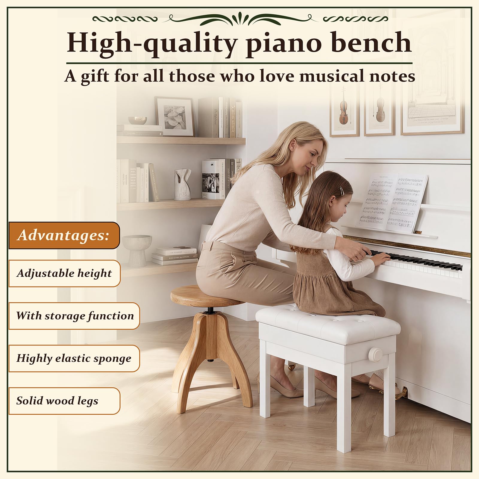 Clevich Klavierhocker Höhenverstellbar 48-58CM, Pianobank mit Stauraum, Klavierbank mit PU Lederkissen, Klavierstuhl Heavy Duty, Tastatur Piano Bench bis 150KG Belastbar, Weiß