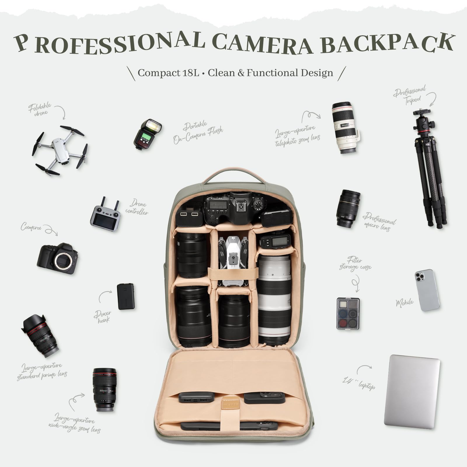 Plecak na aparat fotograficzny dla fotografów, DSLR/SLR, torba na aparat bezlusterkowy, z kieszenią na laptopa 35.6 cm i uchwytem na statyw, wodoodporna osłona przeciwdeszczowa, fotografia, plecak